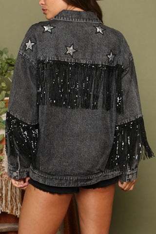 Star Patch Fringe Button Denim Jacket