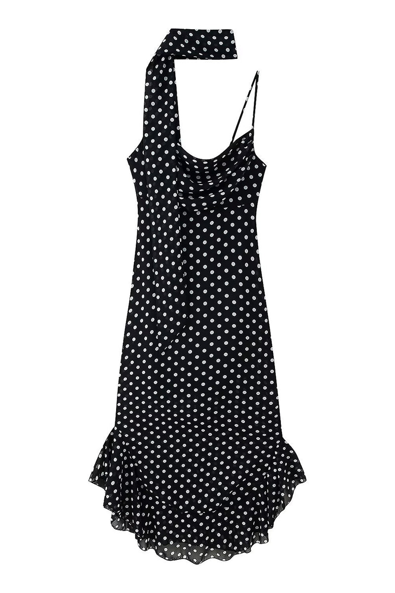 Polka Dot Casual Dress with Scarf