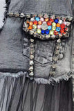 Embellished Denim Vest with Mesh Details