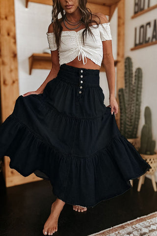 Tiered Button-Front Denim Skirt