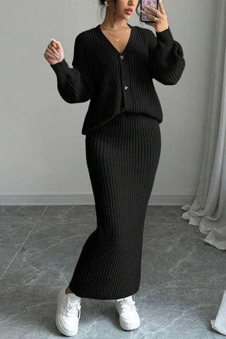 Button-Up Ribbed Skirt Set