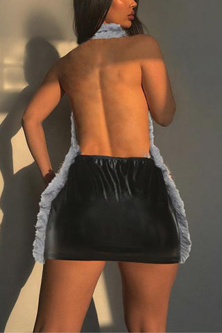 Faux Fur Trim Halter Casual Dress