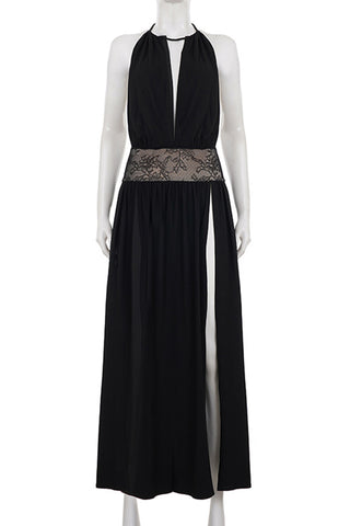 Lace-Trimmed Halter Evening Dress