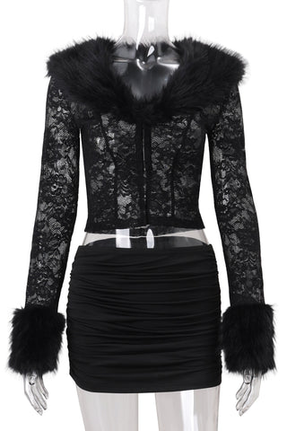 Fur-Trim Lace Skirt Set