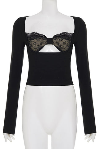 Lace-Inset Long Sleeve Blouse