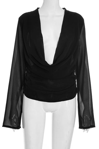 Draped V-Neck Long Sleeve Blouse