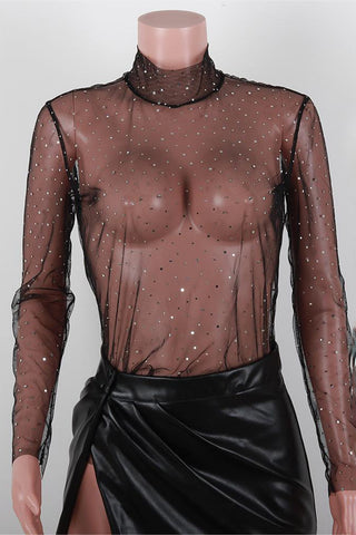 Sheer Embellished Long-Sleeve Blouse