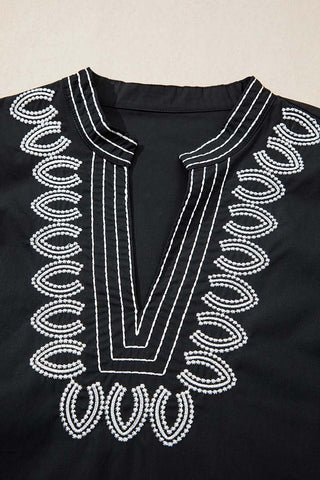 Short Puff Sleeve Contrast Detail V Neck Blouse