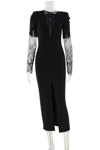 Lace Sleeve Evening Midi Dress