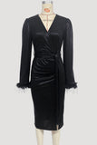 Elegant Wrap Midi Dress with Feather Cuffs