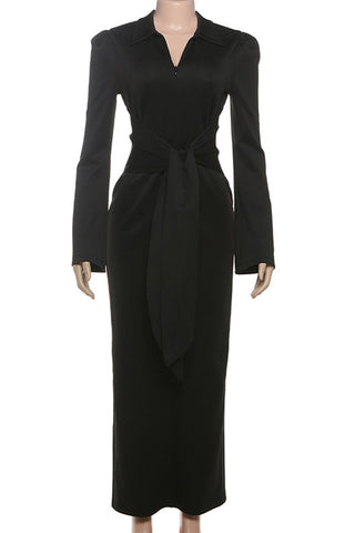 Belted Long Sleeve Midi Dress