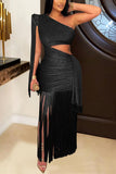 One-Shoulder Fringe Evening Dress