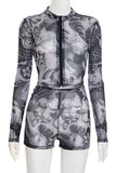 Patterned Zip-Front Short Set