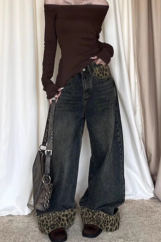 Leopard Accent Straight-Leg Jeans