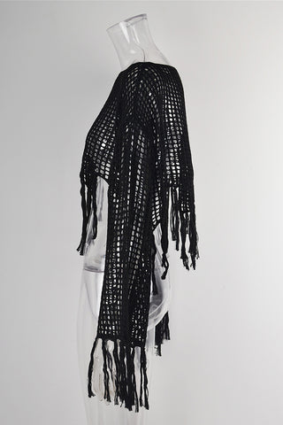 Fringe-Trim Mesh Cover-Up