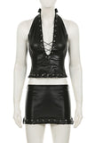 Eyelet Lace-Up Halter Skirt Set