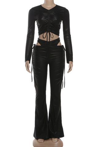 Ruched Crop Top and Flared Pants Set