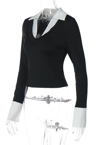Classic Collar V-Neck Long Sleeve Top