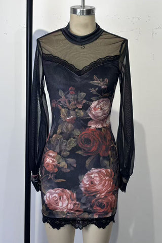 Floral Mesh Overlay Casual Dress