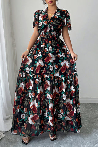 Floral Print V Neck Casual Maxi Dress