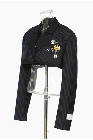 Cropped Pinstripe Blazer with Brooch