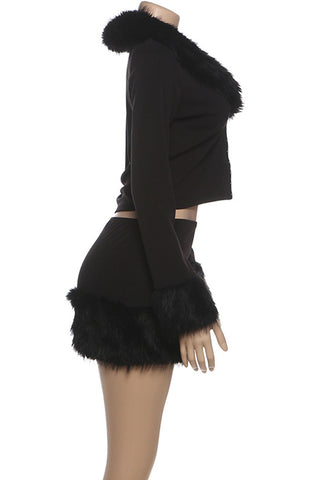 Fuzzy Trim Skirt Set