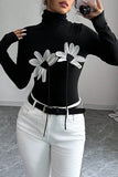 Floral Appliqué Long-Sleeve Turtleneck Top