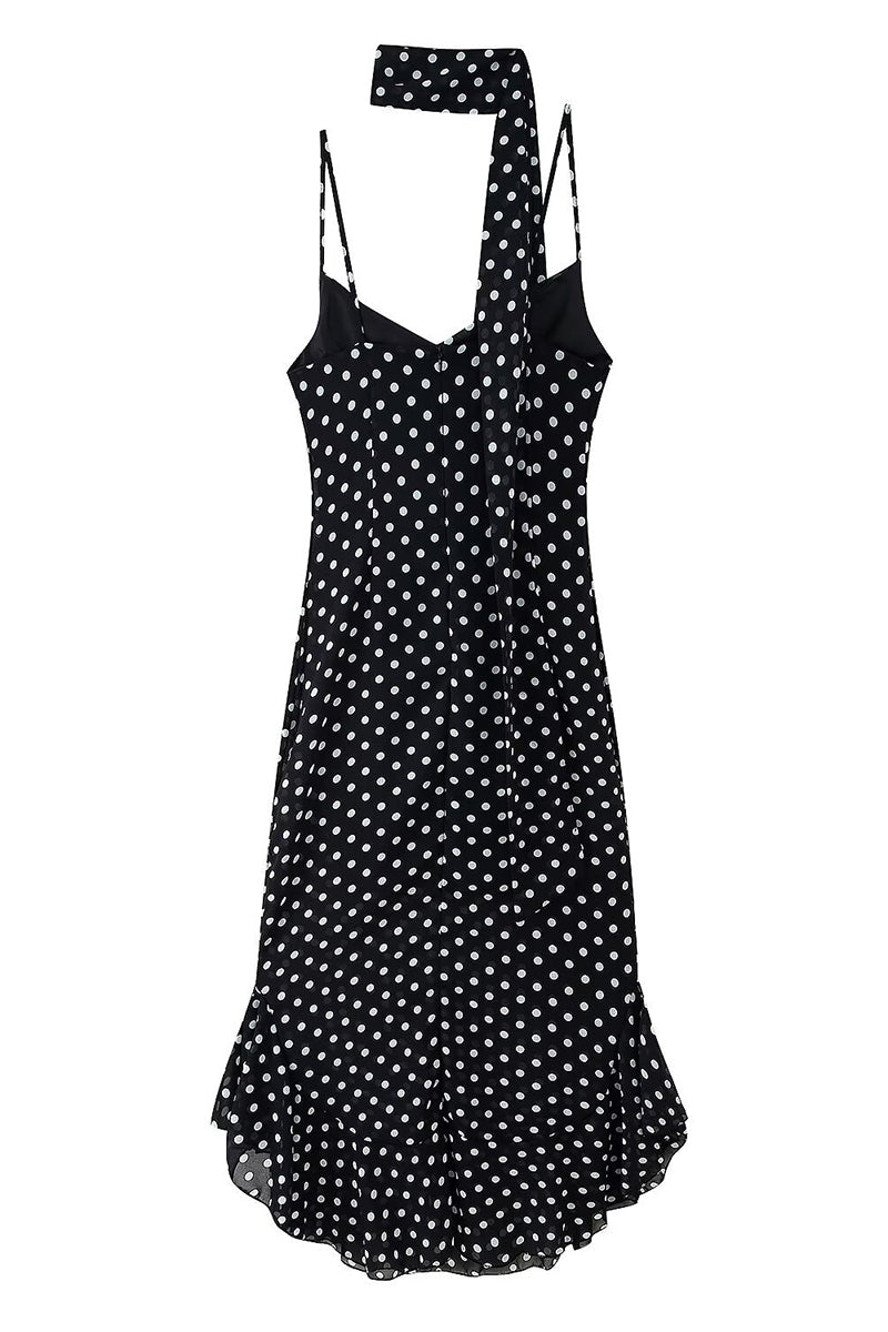 Polka Dot Casual Dress with Scarf