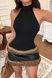 Halter Neck Faux Fur Trim Dress
