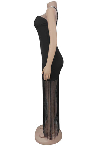 Fringe Detail One-Shoulder Evening Dress