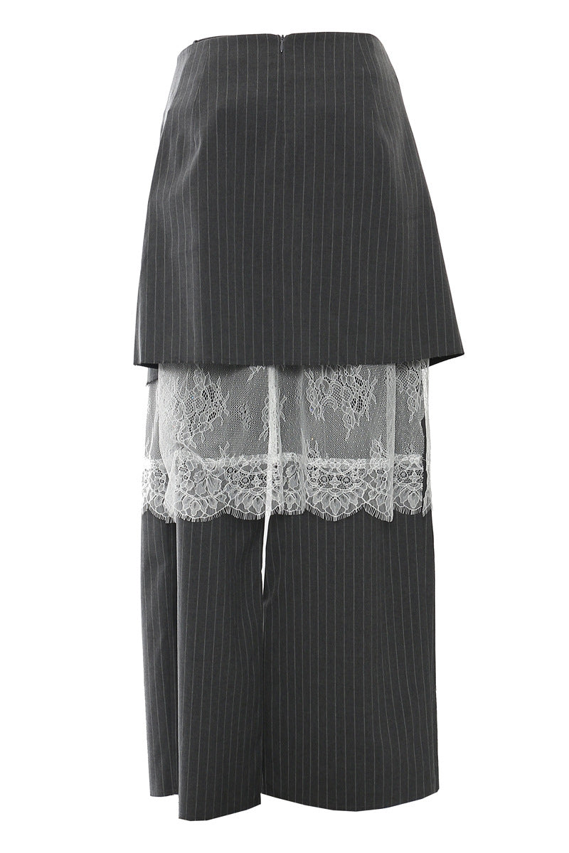 Pinstripe Layered Pants with Lace Detail