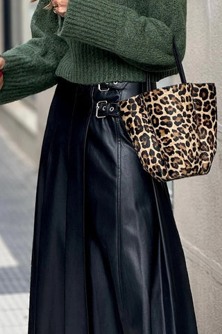 Retro Buckle Pleated Flared Midi Skirt