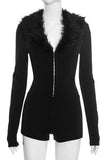 Romper with Hook Detail & Furry Collar