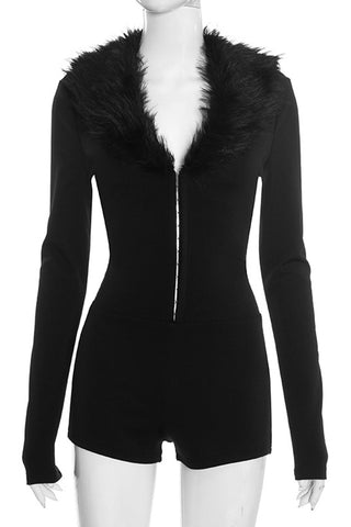 Romper with Hook Detail & Furry Collar