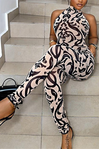 Patterned High-Neck Jumpsuit