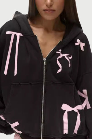 Ribbon-Accent Zip-Up Hoodie