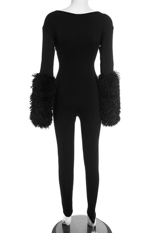 Cutout Long-Sleeve Jumpsuit with Fluffy Cuffs