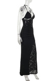 Halter Neck Ruched Lace Maxi Dress