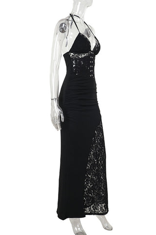 Halter Neck Ruched Lace Maxi Dress