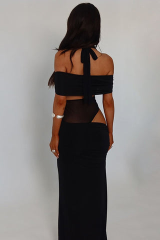 Off-Shoulder Mesh Panel Evening Dress