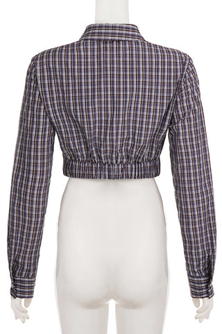 Button-Front Plaid Crop Shirt