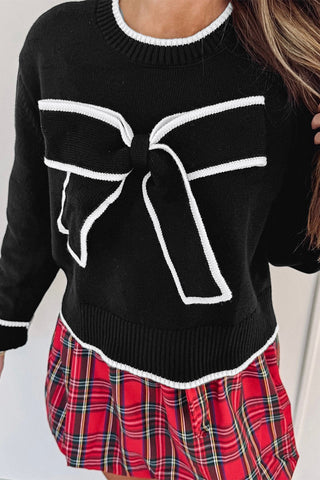 Contrast Trim Bow Holiday Sweater