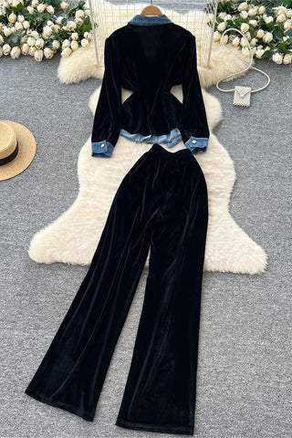 Stylish Denim and Velvet Pants Set