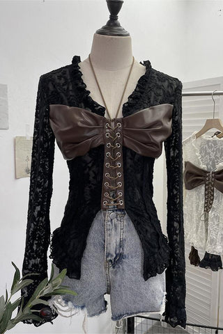 Lace and Faux Leather Corset Blouse