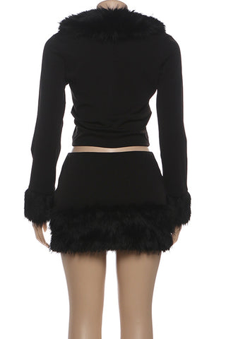 Fuzzy Trim Skirt Set