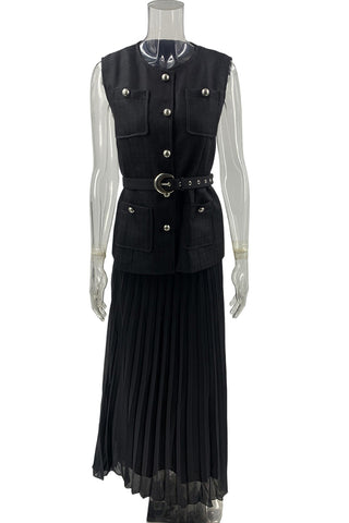 Chic Belted Skirt Set with Button Accents