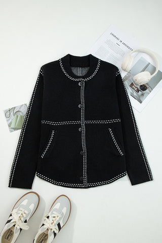 Contrast Trim Button-Front Cardigan