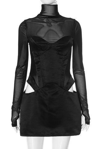 Sheer Long-Sleeve Evening Mini Dress