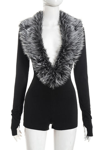 Faux Fur Collar Long Sleeve Romper