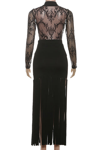 Sheer Lace Top and Fringe Skirt Set